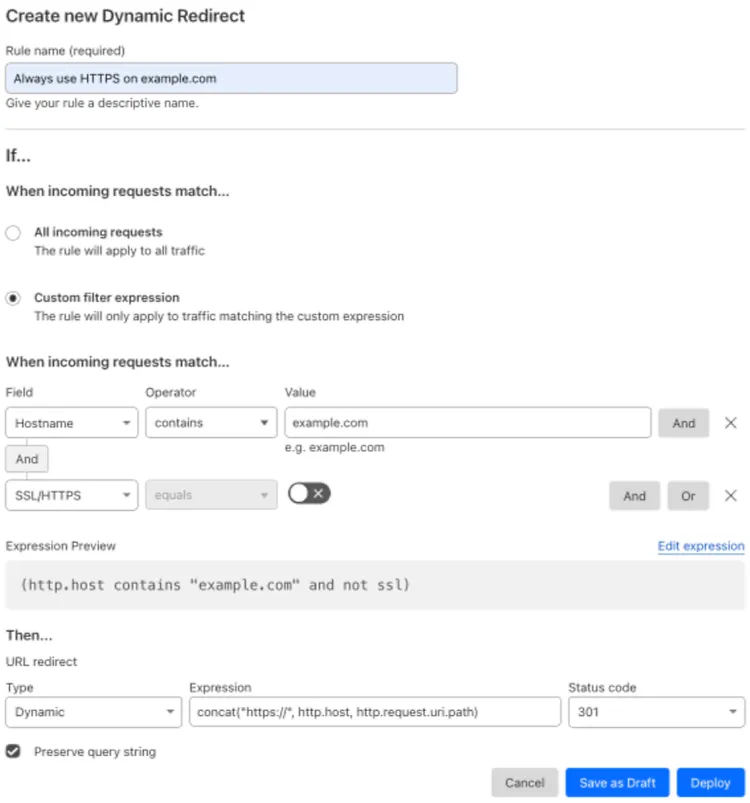 Dynamic redirect matching the 'Always Use HTTPS' setting of the example Page Rule