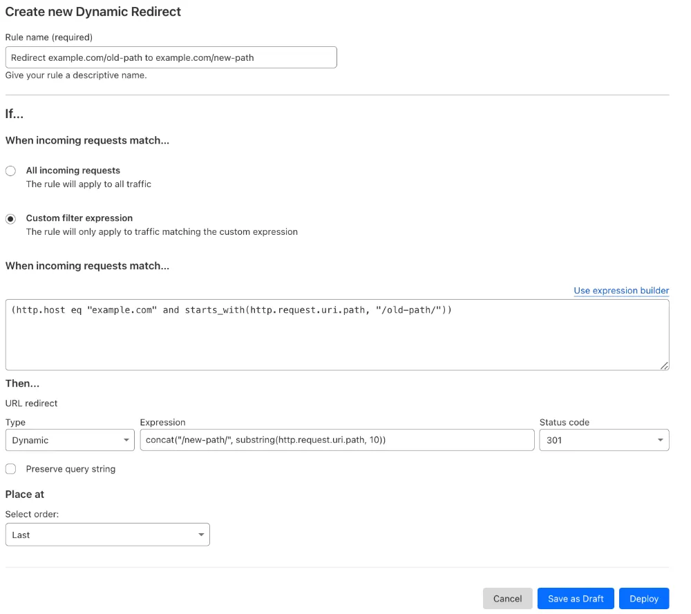 Dynamic redirect matching the 'Forwarding URL' setting of the example Page Rule #2