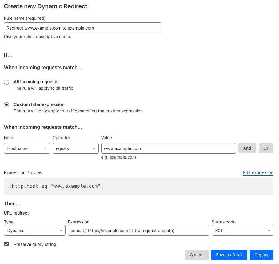 Dynamic redirect matching the 'Forwarding URL' setting of the example Page Rule #1