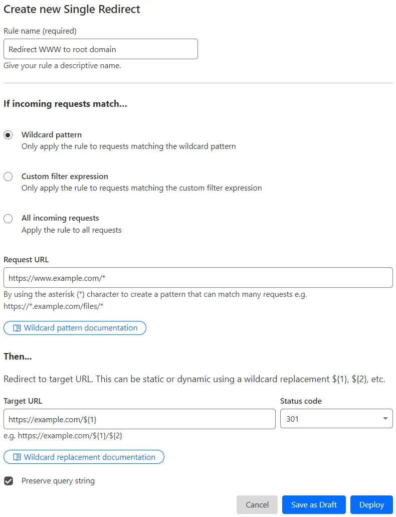 Single redirect matching the 'Forwarding URL' setting of the example Page Rule #1