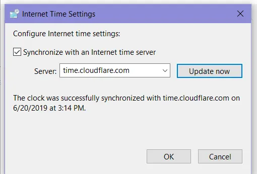 Screenshot of updating the Date and Time settings on machine running Windows